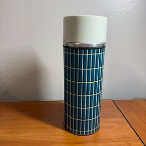 Vintage 1960's Aladdin Blue Cream Plaid Tall Thermos Coffee Complete Metal Decor
